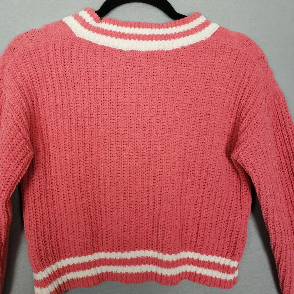 Star Lilly Varsity Sweater V-neck Pullover Salmon White Chunky Knit Academia L